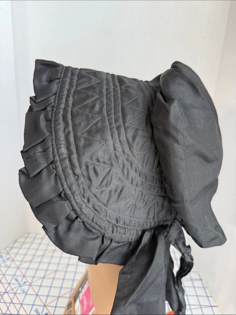 Vintage 1940s Black Satin Bonnet Quilted Ruffle Prairie Victorian Style Costume